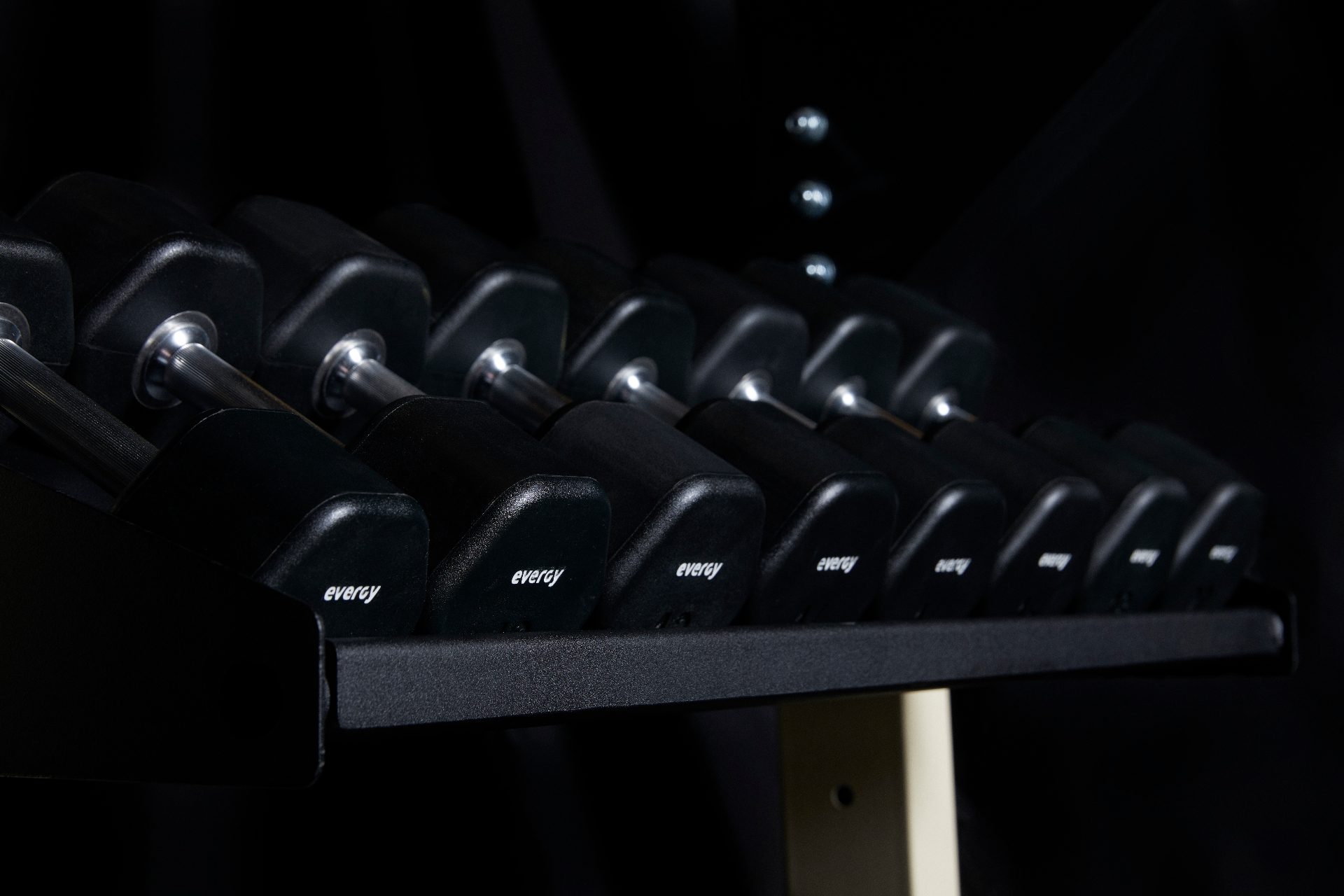 Rack de mancuernas premium Evergy en gimnasio comercial